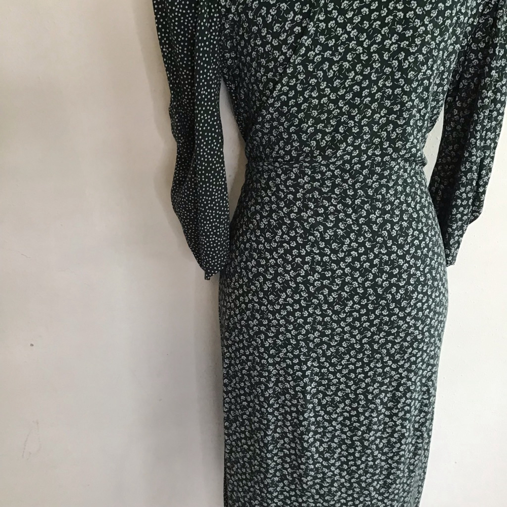 See By Chloé Women Elegant Dark Emerald Green & White Floral Midi Wrap Dress 6 - Picture 10 of 14